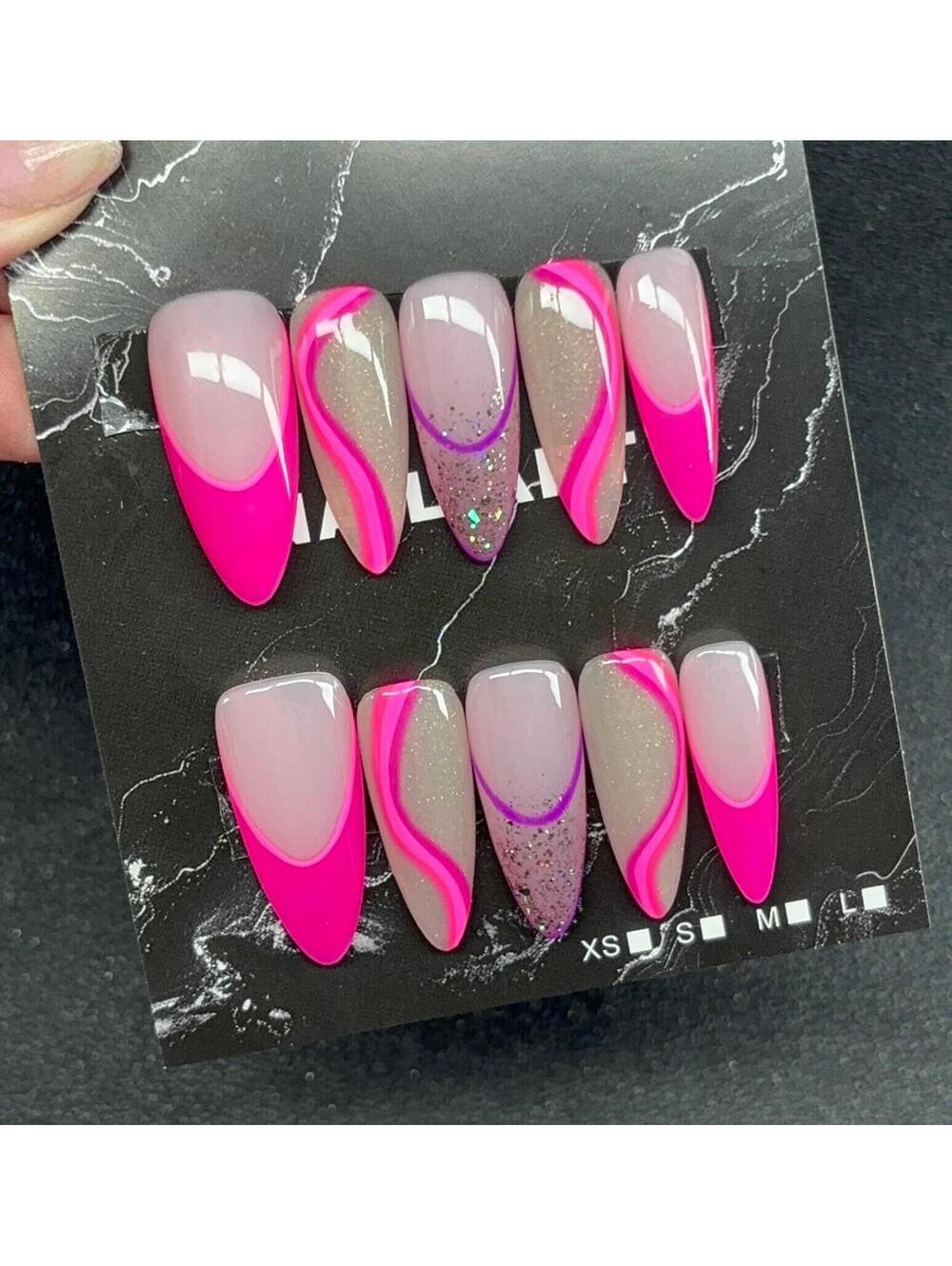 Long almond press on nails pink French tips purple glitter nude custom handmade